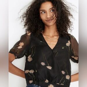 Madewell Black Floral Sheer Sleeve Blouse